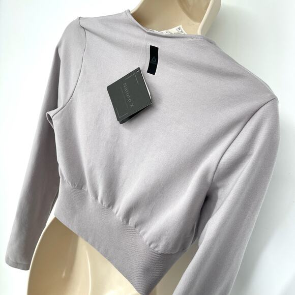Reebok Nature-X NEW Deep V-Neck Crop Top Sz L Lavender Rib Knit Waist Stretch - Picture 7 of 12